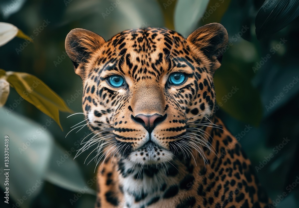 Obraz premium Close-up Portrait of a Majestic Leopard with Stunning Blue Eyes Amidst Lush Greenery in Natural Habitat