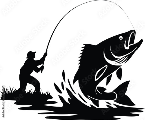 Fisherman silhouette catching a big fish in the water