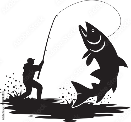 Fisherman Catches a Large Fish Silhouettes