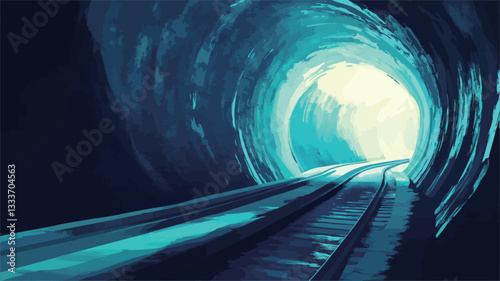 Digital painting depicting a stylized tunnel. The tunnel is predominantly dark blue, with a bright, glowing light source at the end. The walls of the tunnel are textured and appear to be swirling