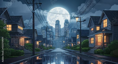 Dreamlike Cityscape with a Massive Full Moon Overhead