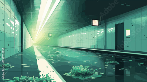 Digital illustration depicting a long, narrow corridor with rows of lockers on either side. The corridor is flooded with teal-green water, and debris and what appears to be aquatic plants are