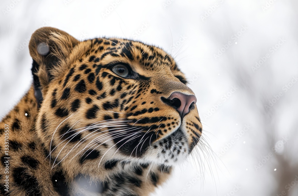 Naklejka premium Close-Up Portrait of a Wild Leopard Against a Soft Snowy Background Capturing the Majesty and Beauty of Nature in a Serene Winter Setting