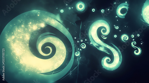 Abstract glowing spirals and swirls in a dark background, creating a mystical atmosphere