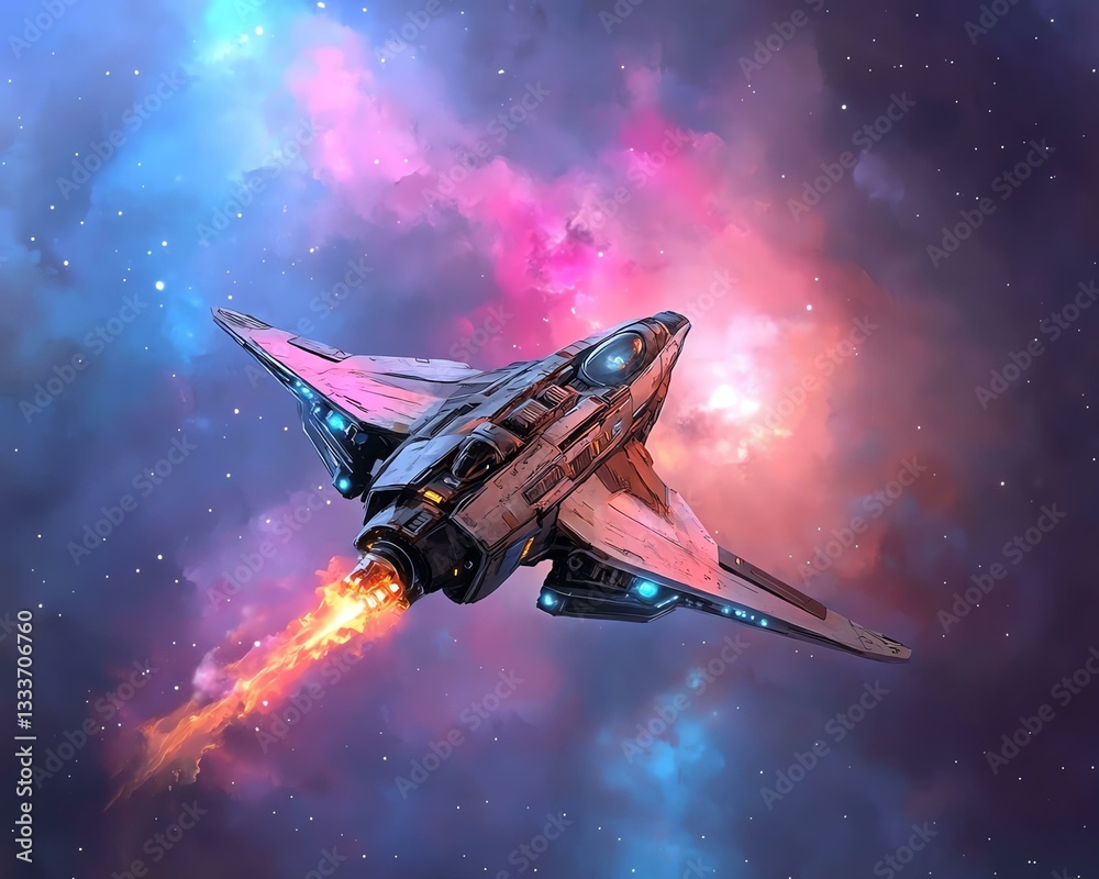 Obraz premium Futuristic spaceship navigating through space.