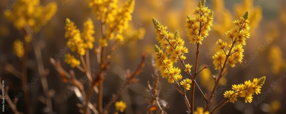 Brown and gold goldenrod stems intertwined with twigs and leaves, dried leaves, brown foliage Brown and gold goldenrod stems intertwined with twigs and leaves, dried leaves, brown foliage
