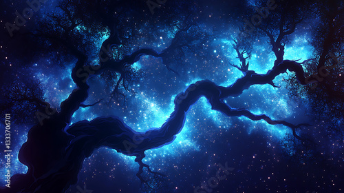 Enchanted night sky with glowing branches under a starry cosmos, evoking a sense of wonder