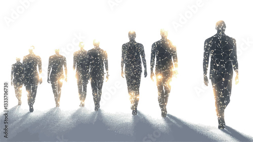 The image shows eight semi-transparent human figures walking in a line toward a bright, white light source.  The figures are rendered as silhouettes with subtle internal detail suggesting a