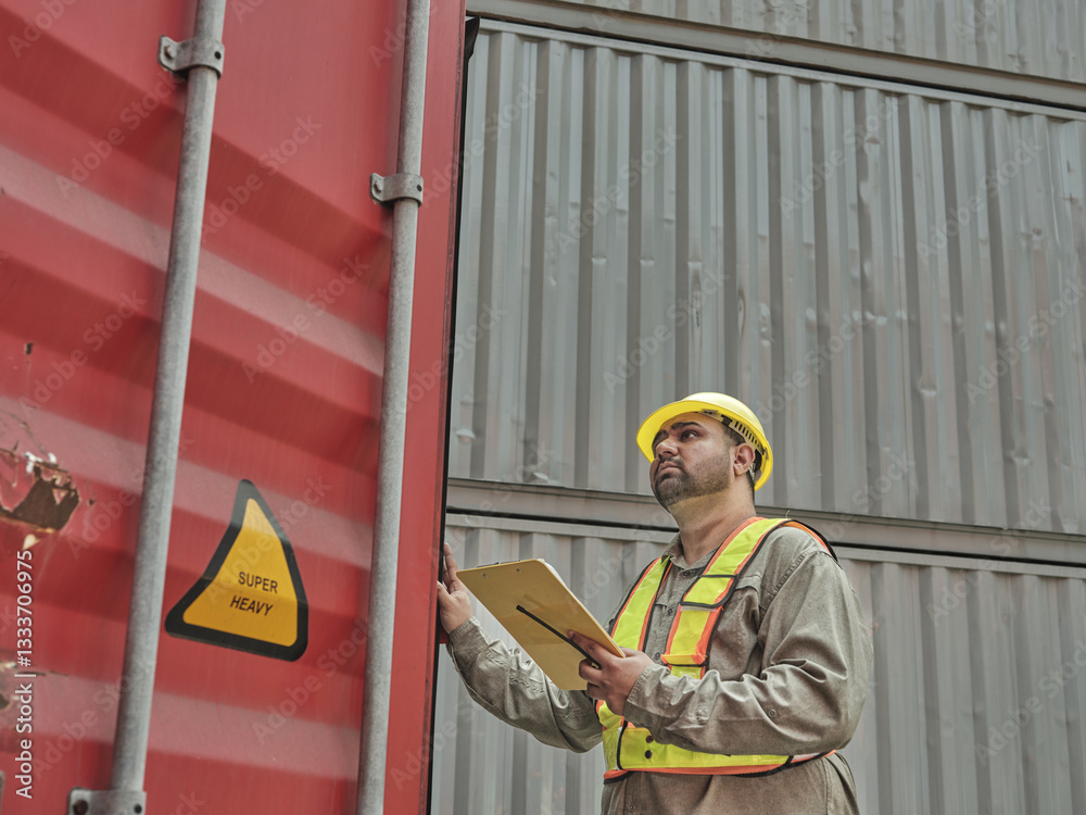 Photo of a male logistics worker or engineer wearing safety gear at a container yard inspecting a container about to be shipped to the port.