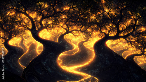 Enchanted forest with glowing trees illuminating a winding path under a starry night sky