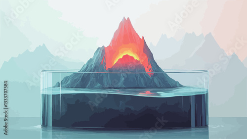 A digital illustration depicts a miniature volcanic island inside a transparent glass container filled with water. The island is rendered in detail, showing a fiery, glowing lava core within a