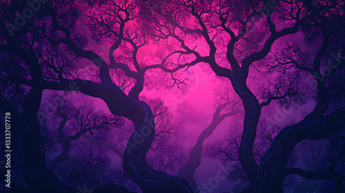 Enchanted forest with twisting trees under a mystical purple sky, creating a surreal atmosphere