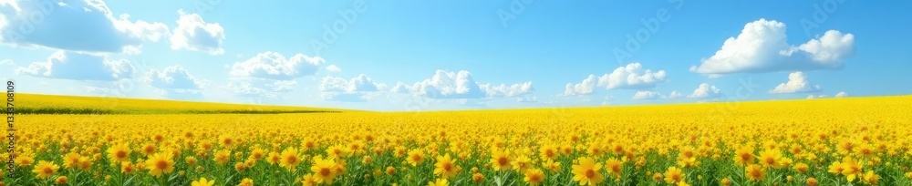 Obraz premium Field of yellow marigolds with blue sky and clouds, landscape, cloud, sky