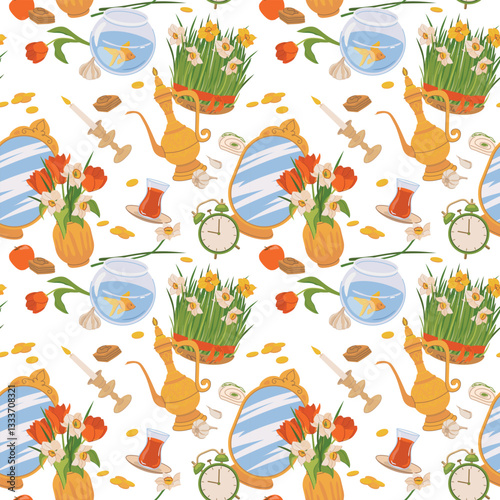 Seamless pattern for the spring equinox holiday Novruz in Azerbaijan and Iran. Background with Persian New Year symbols. Mirror, green wheat sprouts, fish, sweets, candle, tea, gold coins, flowers.