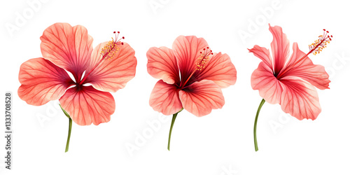 Three pink and coral colored hibiscus flowers with green stems are presented vertically spaced against a pure transparent background ideal for