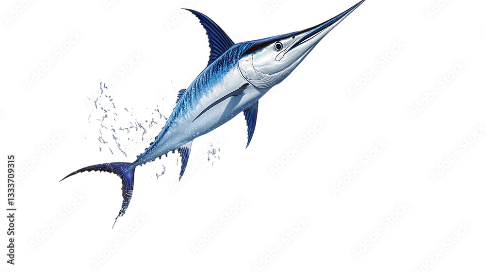Fototapeta premium Blue marlin fish jumping out of the water, isolated on transparent background