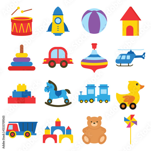 Children Toy illustration set. Includes of teddy bear, toy car, building blocks, puzzle, doll, and More. Vector flat color collection