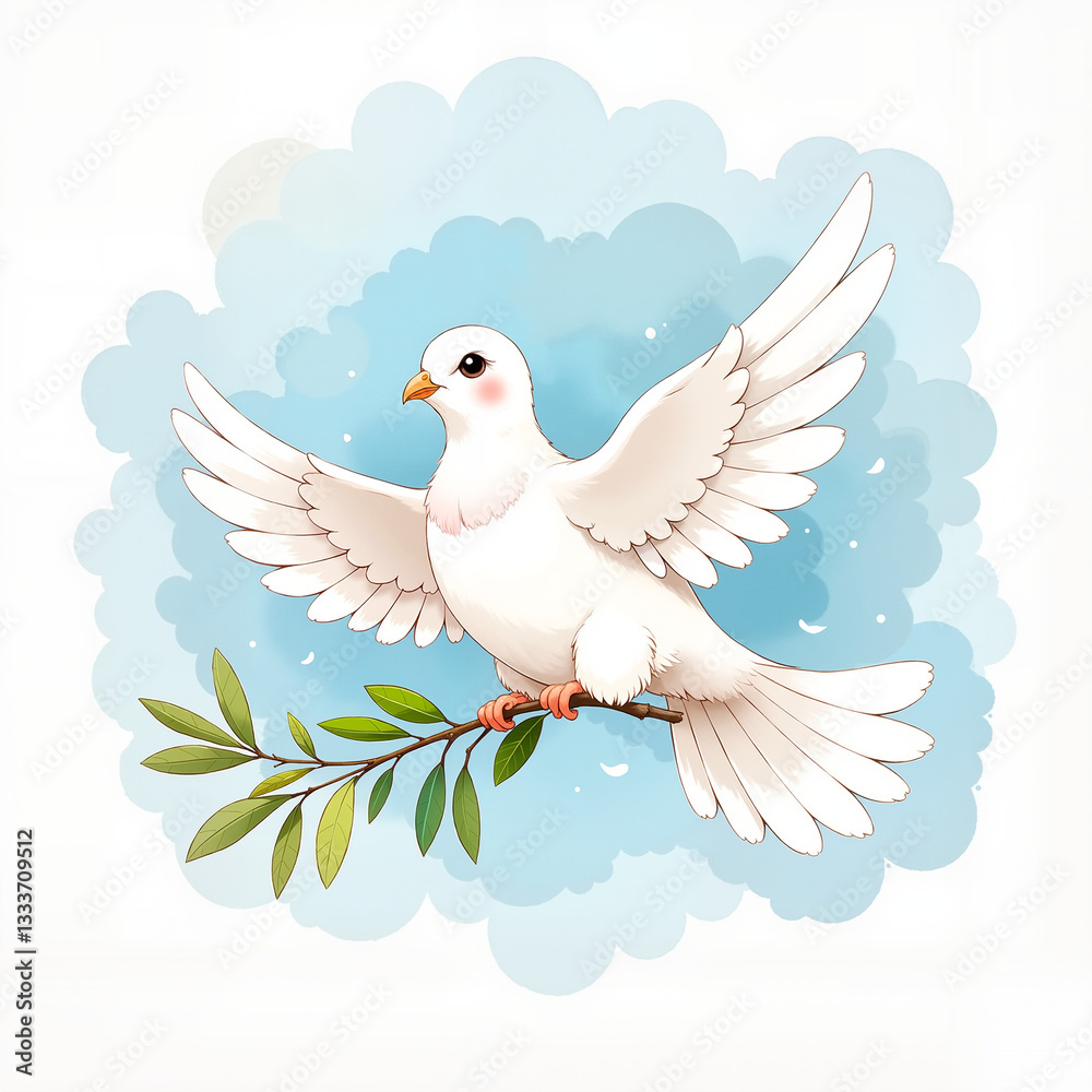 Fototapeta premium White dove with outstretched wings holding olive branch against blue background, peace concept