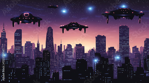 Futuristic skyline at dusk with hovering spacecraft above a vibrant cityscape, showcasing urban life