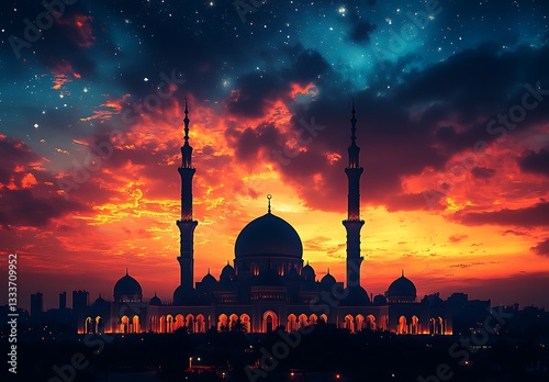 Wallpaper Mural  Majestic Mosque Silhouette Against a Starry Sunset Sky Torontodigital.ca