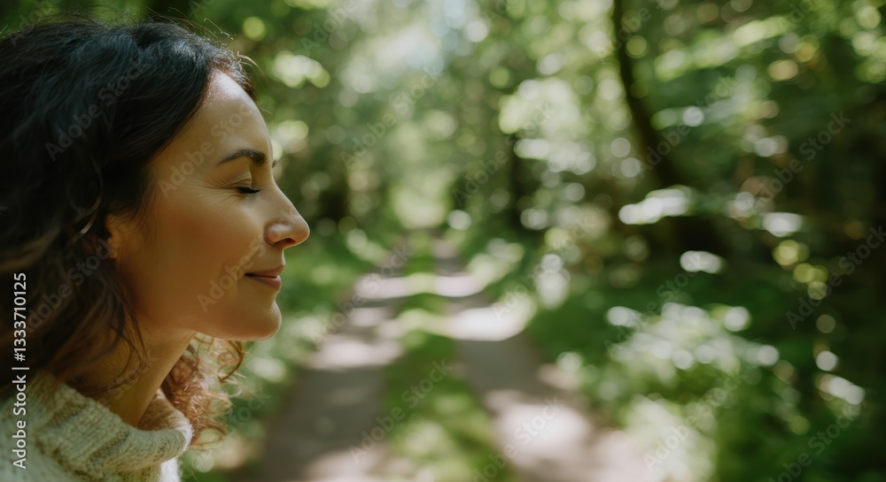 Caucasian female enjoying nature walk in sunlit forest path Caucasian female enjoying nature walk in sunlit forest path