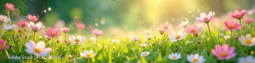 Lush meadow filled with glistening flowers and sparkling sugar crystals, pastel hues, candy landscape, sugar rush