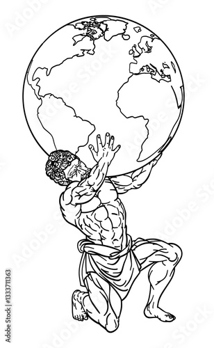 Atlas Holding Globe. Minimalist Line Art. vector.