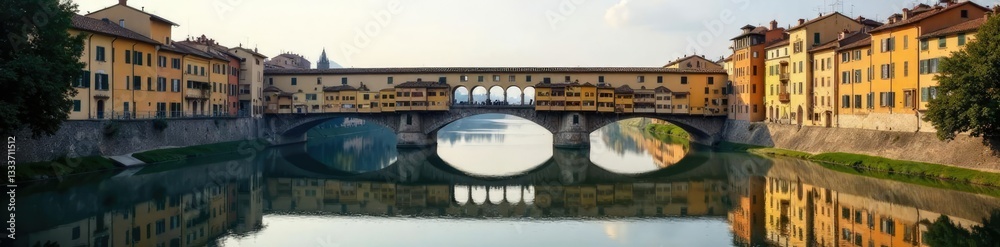 Reflection of Ponte Vecchio in the calm Arno River, reflection, peaceful Reflection of Ponte Vecchio in the calm Arno River, reflection, peaceful