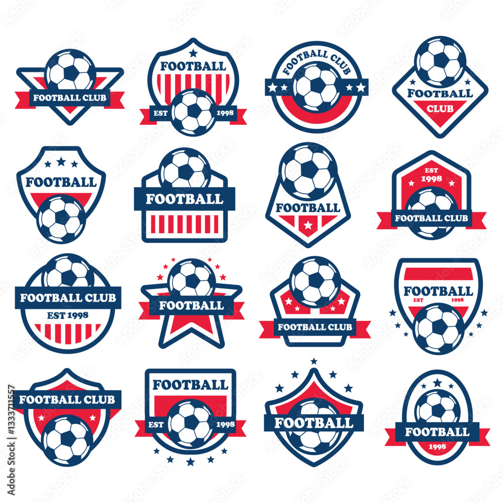 Naklejka premium Football Badge illustration set. Includes of soccer badge, team emblem, football club logo, championship badge, and More. Vector flat color collection