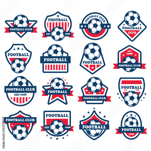 Football Badge illustration set. Includes of soccer badge, team emblem, football club logo, championship badge, and More. Vector flat color collection