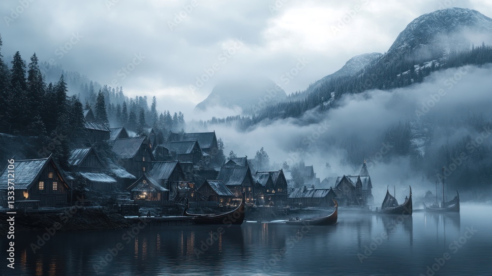 Obraz premium Mystical Viking Village Enshrouded in Fog along Norwegian Fjord Shoreline