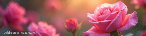 Soft pink rose petals glisten with morning dew and gentle light, nature,