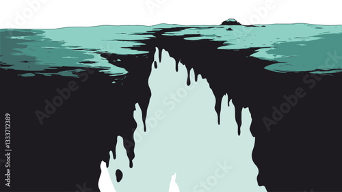 The image is a digital illustration depicting an abstract landscape.  The dominant visual elements are two dark, textured areas separated by a lighter teal, almost dripping or flowing form. The