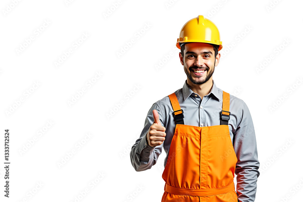 Smiling construction worker giving thumbs up isolated on transparent background. Cheerful engineer in hard hat and overalls for construction, safety, industry themes. Smiling construction worker giving thumbs up isolated on transparent background. Cheerful engineer in hard hat and overalls for construction, safety, industry themes.