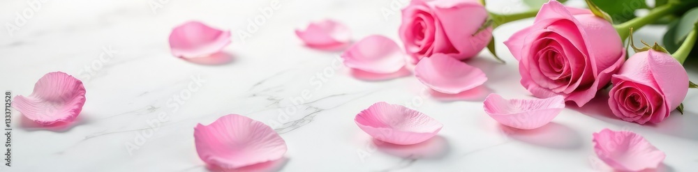 Fototapeta premium Soft pink rose petals scattered on white marble, ambiance, pink roses