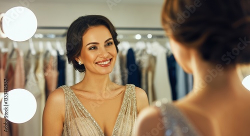 Caucasian female young adult smiling in elegant evening dress looking in mirror