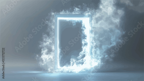 The image depicts a rectangular portal or doorway outlined in bright, glowing light, seemingly engulfed in swirling white smoke or vapor that resembles flames.  The background is a muted gray-blue,