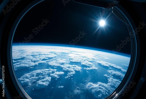 Fototapeta Naklejka Na Ścianę i Meble -  Stunning Earth view from spaceship window; azure planet, swirling clouds, space hotel concept,  journey,  travel