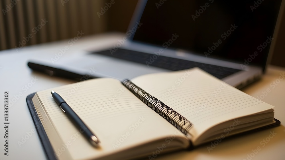Fototapeta premium Open Spiral Notebook with Pen on Desk Near Laptop Workspace Organization Concept