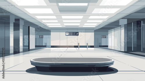 The image depicts a long, wide hallway with a minimalist design. The walls are predominantly white and grey, with sleek, geometric lines. The floor is a light-colored polished material.  A low,