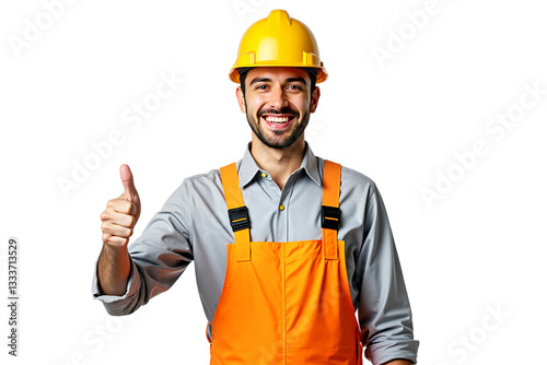 Smiling construction worker in hard hat and overalls gives thumbs up. Positive engineer, builder, tradesman. Isolated on transparent background. Industry, success, approval.