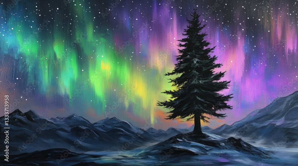 Obraz premium Mystical Northern Lights Over a Snowy Landscape