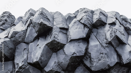Close-up view of a rock formation composed primarily of grey basalt rocks.  The image shows a dense cluster of irregularly shaped, angular rocks with varying sizes and shades of grey. The rocks