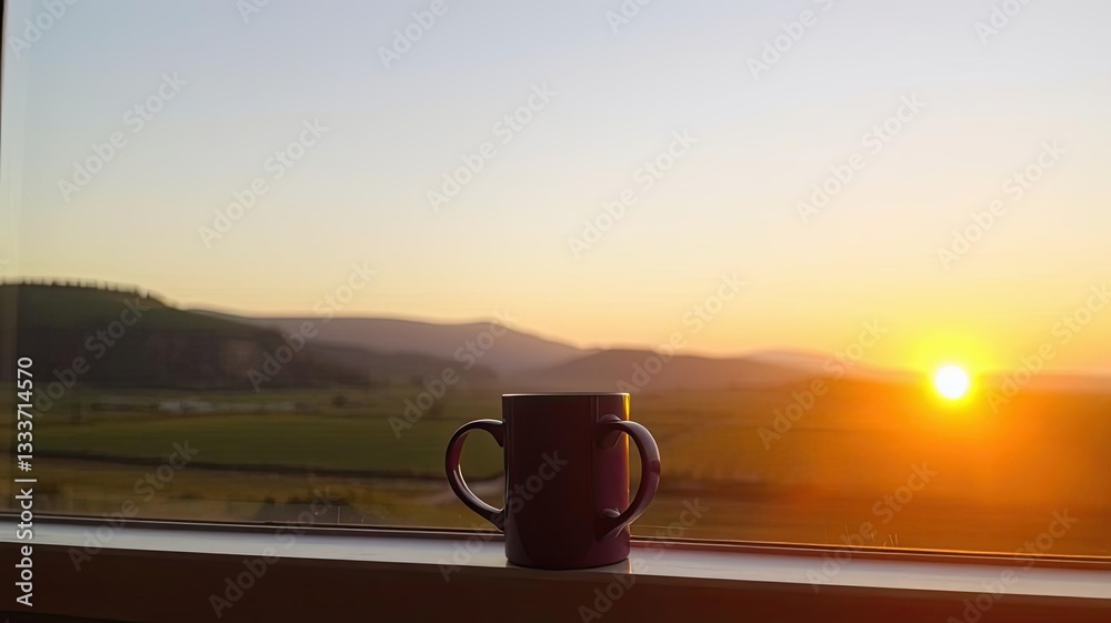Obraz premium Sunrise Coffee Mug on Windowsill Rural Landscape View