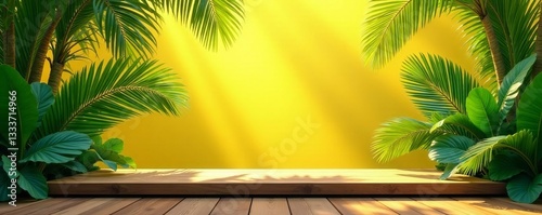 Tropical paradise platform with yellow hues and lush palm leaves, palm, relaxation