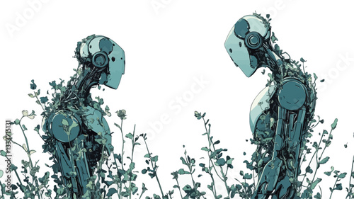 The image is a digital illustration featuring two biomechanical figures, rendered in a teal or blue-green hue.  The figures are stylized, with visible mechanical elements integrated into their