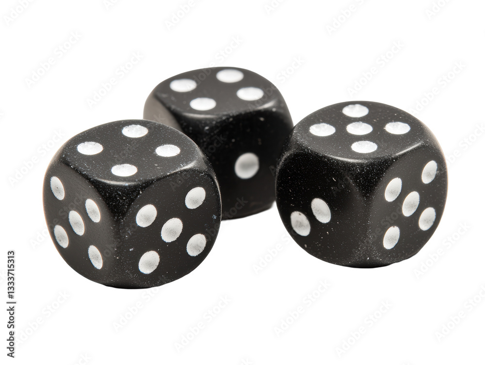 Isolated Three Black Dice Showing Different Numbers, Gambling