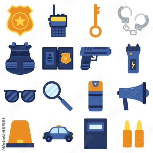 Police illustration set. Includes of police officer, badge, police car, siren, handcuffs, police hat, and More. Vector flat color collection