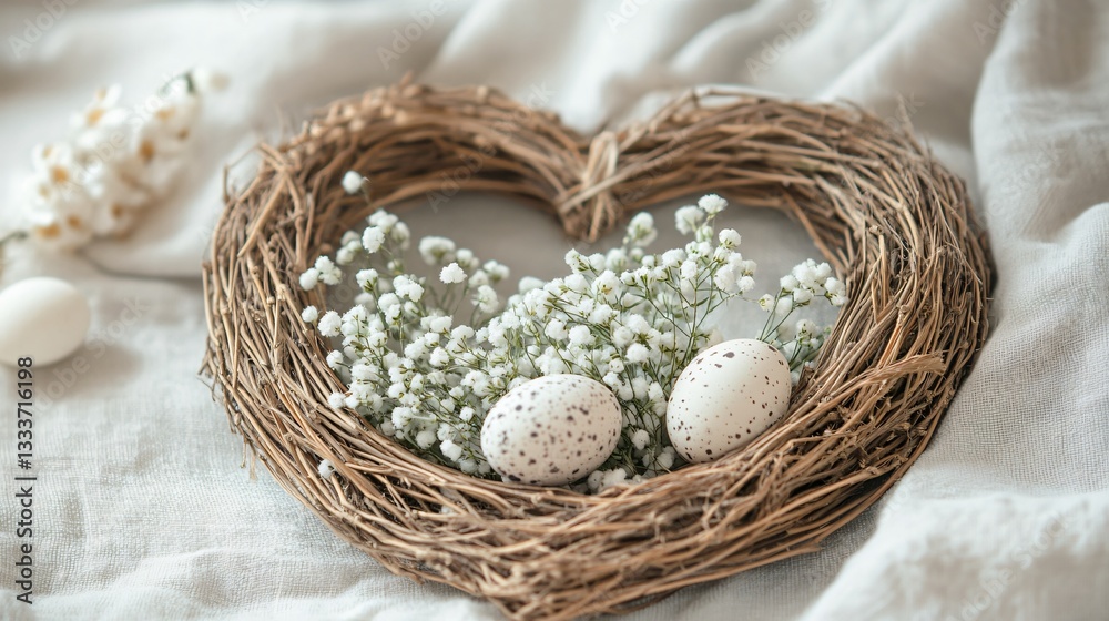 A heart-shaped floral wreath made entirely of Gypsophila, intertwined with Easter elements, isolated on a soft linen-textured background A heart-shaped floral wreath made entirely of Gypsophila, intertwined with Easter elements, isolated on a soft linen-textured background