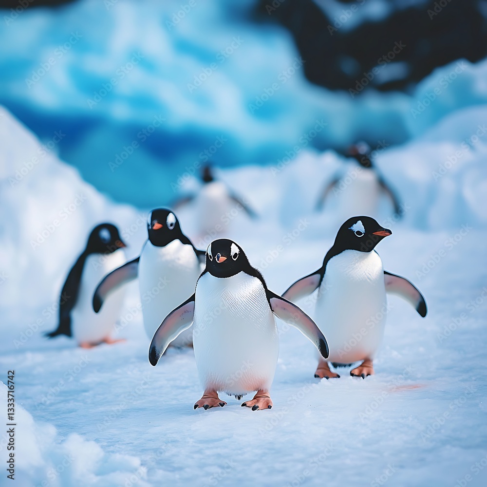 Fototapeta premium Penguins huddling on ice amid a glowing arctic backdrop high-resolution picture